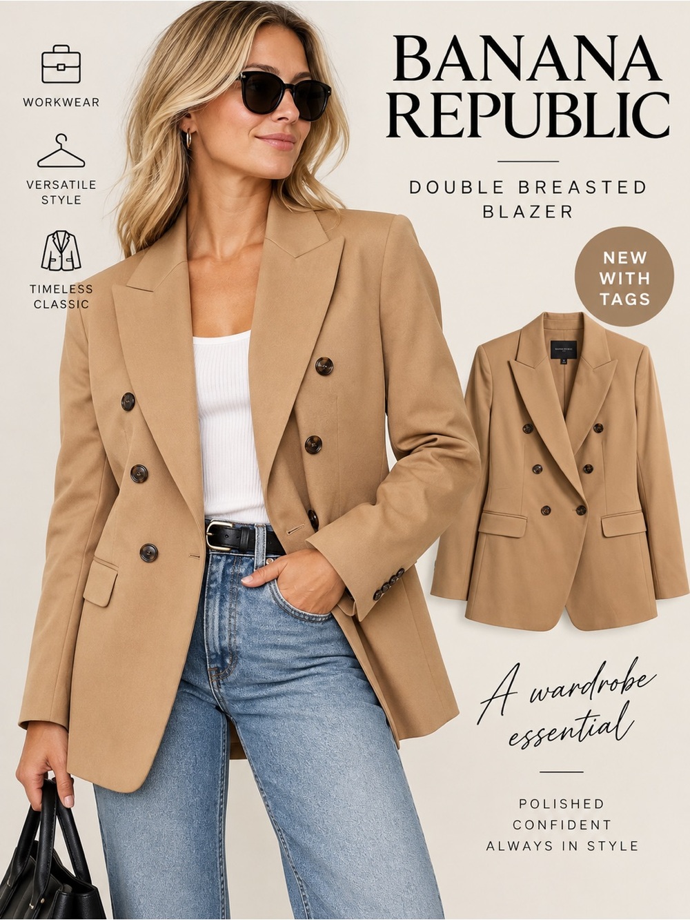 Banana Republic Double Breasted Blazer Tan Camel Size 8 NWT